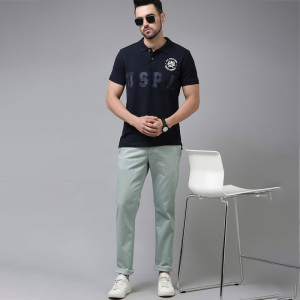 U S Polo Assn Men Grey Printed Denver Slim Fit Trousers