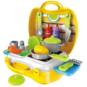 Plastic Luxury Kitchen Set Cooking Toy with Briefcase and Accessories (Yellow)