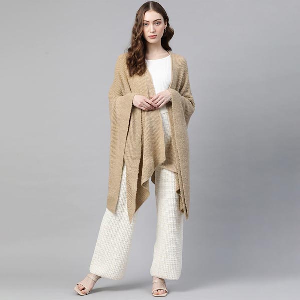 Women Beige Front Open Long Shrug