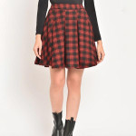 Women Red and Black Checked Box Pleated Wool Mini Skirt