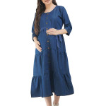 Blue Solid Maternity Midi Dress