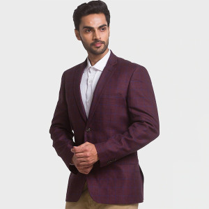 Men Maroon Checked Single-Breasted Linen Formal Blazer