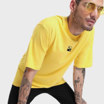 Men Yellow Typography Printed Drop-Shoulder Sleeves Loose Cotton T-shirt