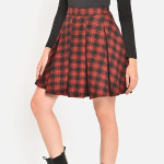 Women Red and Black Checked Box Pleated Wool Mini Skirt