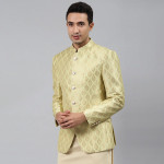 Men Gold Self-Design Slim Fit Bandhgala Blazer